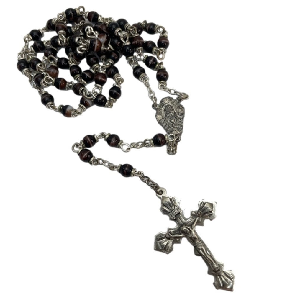 Vintage Glass Bead Silver Tone Rosary Crucifix